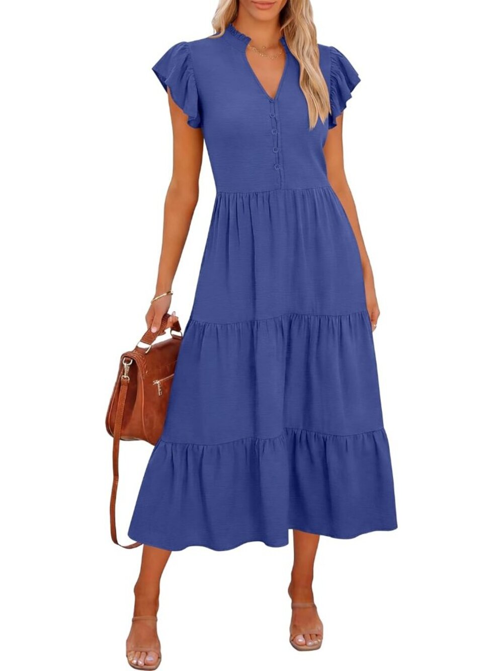 Caracilia Women's Deep Blue Neck Button Ruffle Sleeve Flowy Beach Midi Dress